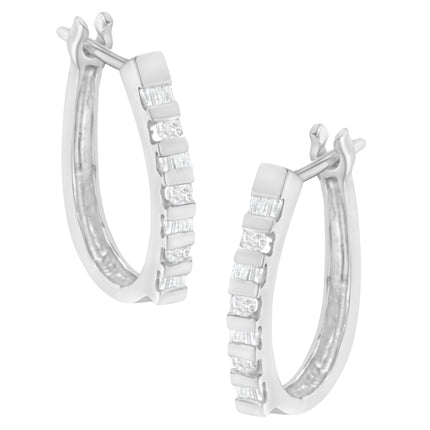 10K Yellow Gold Round and Baguette Cut Diamond Oblong Hinged Leverback Hoop Earrings (Â¼ Cttw, I-J Color, I2-I3 Clarity)
