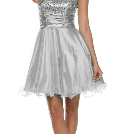 Juliet 733 One Shoulder Short Dress Sparkly Sequins Glitter Tulle Skirt