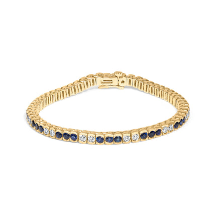 14K Yellow Gold 1 3/4 Cttw Diamond and 5.0 Cttw Blue Sapphire Bezel Set Tennis Bracelet (G-H Color, SI1-SI2 Clarity) - 7" Inches