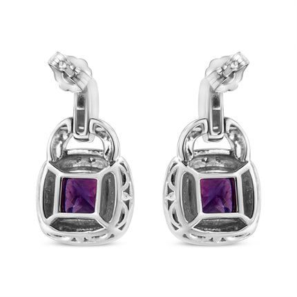 .925 Sterling Silver 8MM Natural Cushion Shaped Amethyst and Diamond Accent Halo with Push Back Dangle Earrings (I-J Color, I2-I3 Clarity)