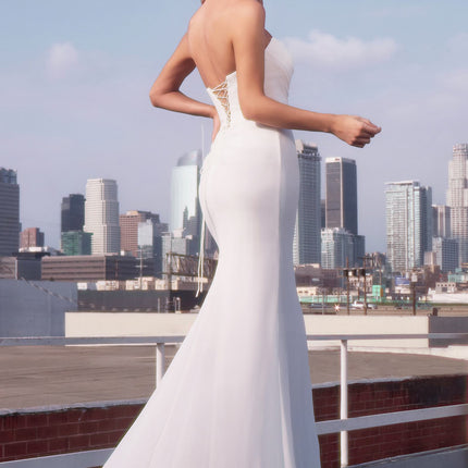 Ladivine 7434W Strapless Chiffon Fitted Off-White Dress