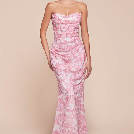 Ladivine 7445 Dress Strapless Floral Printed Fitted Soft Satin Dress