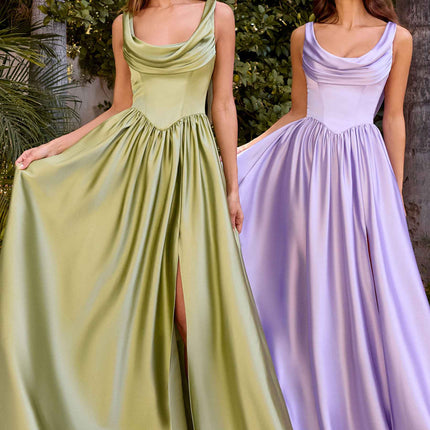 Ladivine 7446 A-Line Fitted Bodice Cowl Neckline Satin Dress