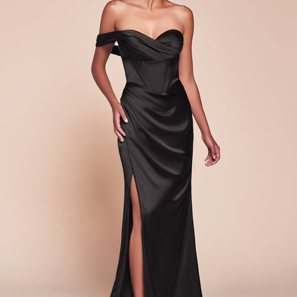 Ladivine 7448 Dress Long One Shoulder Satin Corset Gown