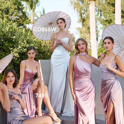 Ladivine 7448 Dress Long One Shoulder Satin Corset Gown