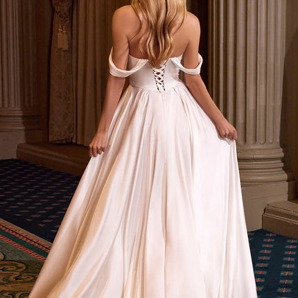 Ladivine 7449W A-Line Fitted Bodice Off the Shoulder Satin Wedding Dress