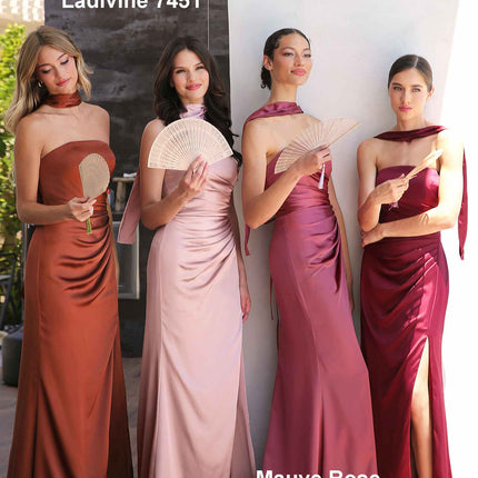 Ladivine 7451 Dress Strapless Satin Gown with Sash