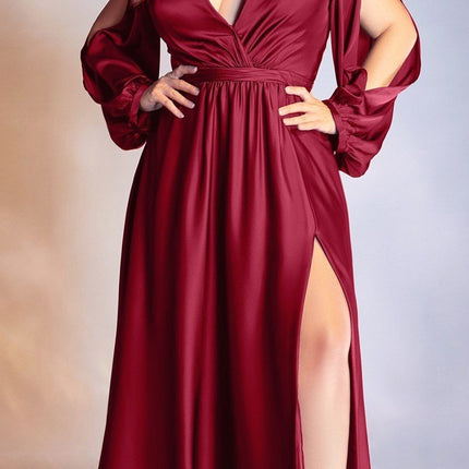 Cinderella Divine 7475C Long Split Blouson Sleeve Formal Dress Thigh Split