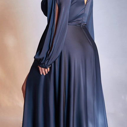 Cinderella Divine 7475C Long Split Blouson Sleeve Formal Dress Thigh Split