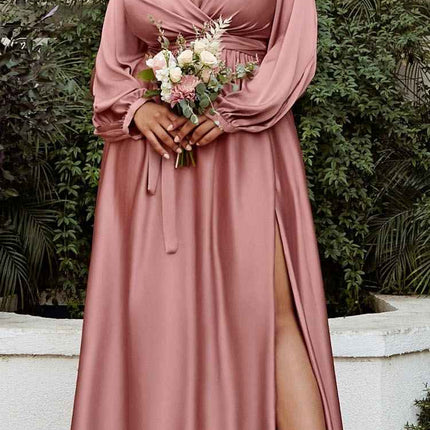 Cinderella Divine 7475C Long Split Blouson Sleeve Formal Dress Thigh Split