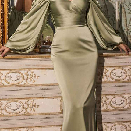 Cinderella Divine 7482 Long Sleeve Off the Shoulder Soft Satin Fitted Dress