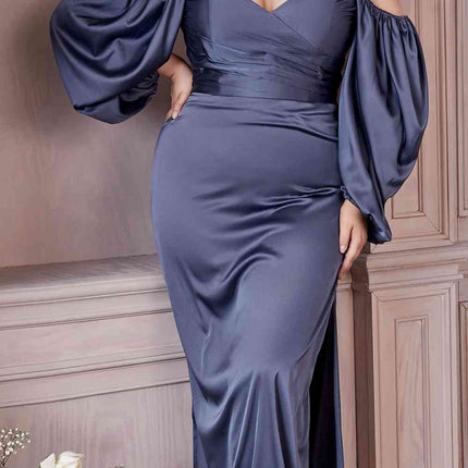 Cinderella Divine 7482C Long Sleeve Off the Shoulder Soft Satin Fitted Dress