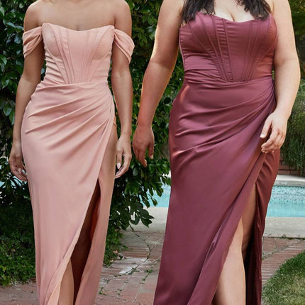 Cinderella Divine 7484C Plus Size Off the Shoulder Corset Satin Formal Gown