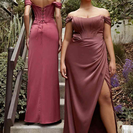 Cinderella Divine 7484C Plus Size Off the Shoulder Corset Satin Formal Gown
