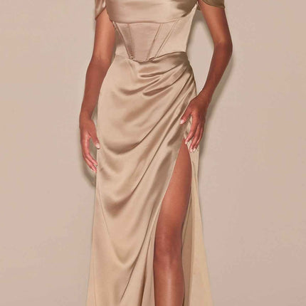 CLEARANCE - Cinderella Divine 7492 Off the Shoulder Sage Green Satin Gown (Size 8)