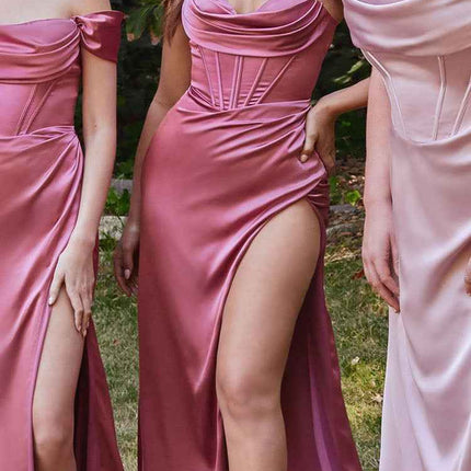 Cinderella Divine 7492 Satin Off the Shoulder Corset Satin Gown