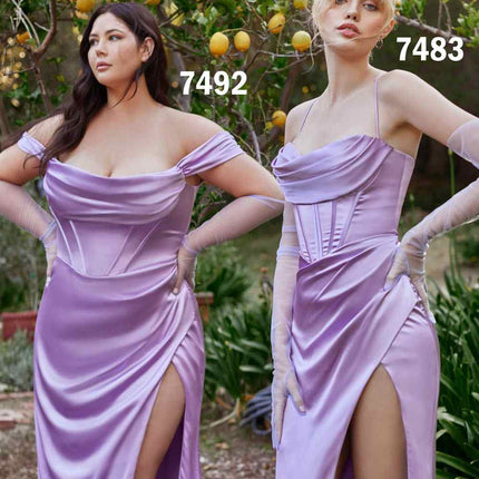 Cinderella Divine 7492C Satin Off the Shoulder Corset Satin Gown