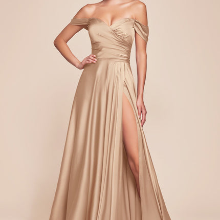 Cinderella Divine 7493C Long Plus Size A-Line Off the Shoulder Satin Dress