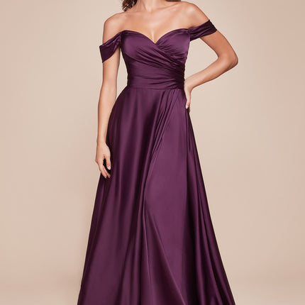 Cinderella Divine 7493C Long Plus Size A-Line Off the Shoulder Satin Dress