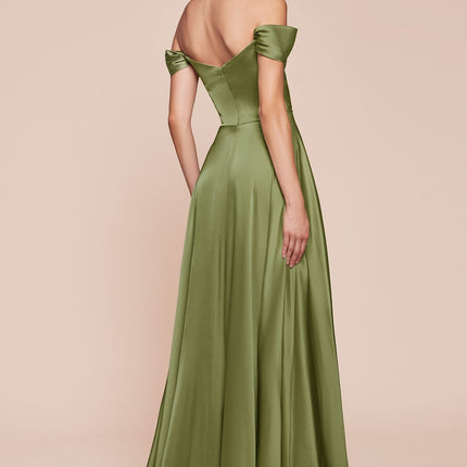 Cinderella Divine 7493C Long Plus Size A-Line Off the Shoulder Satin Dress