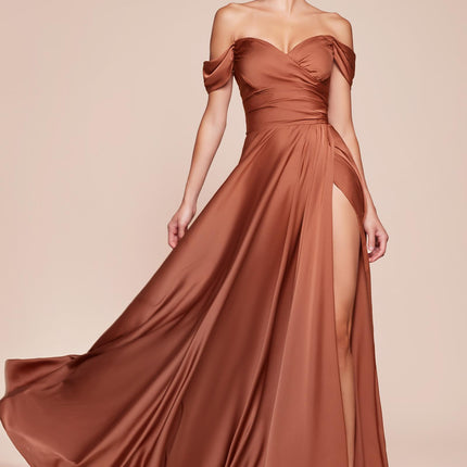 Cinderella Divine 7493C Long Plus Size A-Line Off the Shoulder Satin Dress