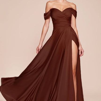 Cinderella Divine 7493C Long Plus Size A-Line Off the Shoulder Satin Dress