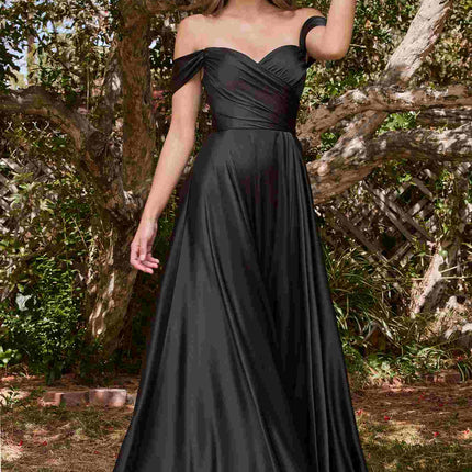 Cinderella Divine 7493C Long Plus Size A-Line Off the Shoulder Satin Dress