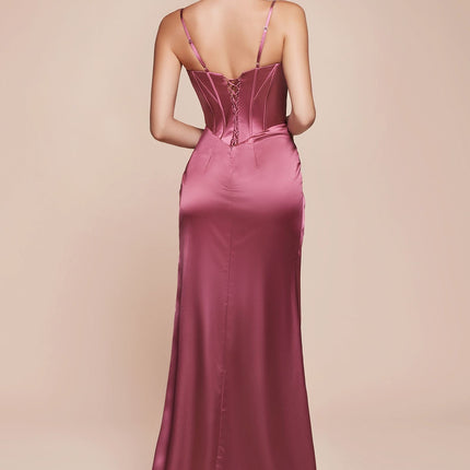 Ladivine 7495 Long Fitted Bustier Satin Draped Gown