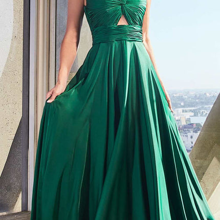 Ladivine 7497 Long A-Line Satin Keyhole Twisted Bodice Formal Gown