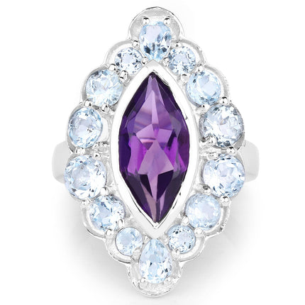 5.30 Carat Genuine Amethyst and Blue Topaz .925 Sterling Silver Ring