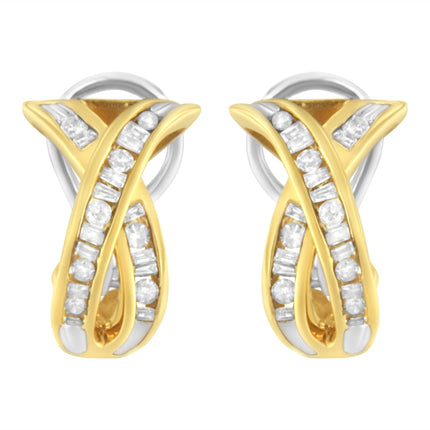 14K Yellow and White Gold 1/2 TDW "X" Shape Cross Over Diamond Hoop Earrings (I-J, I2-I3)