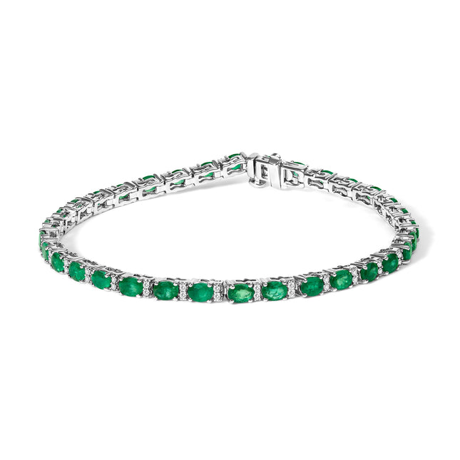 14K White Gold Alternating Oval Green Emerald and Diamond Tennis Bracelet