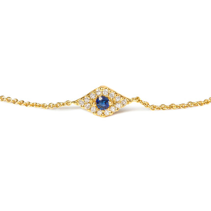 10K Yellow Gold Blue Sapphire and Diamond Accent Evil Eye Station Link Bracelet  (H-I Color, I1-I2 Clarity) - Size 7"