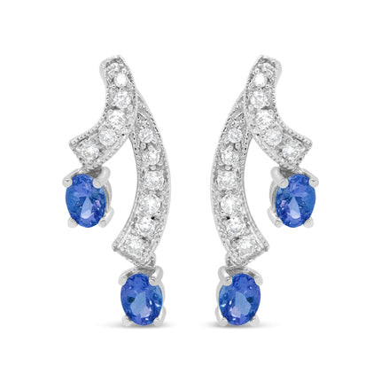 14K White Gold 4x3MM Oval Shaped Natural Blue Tanzanite Gemstone and 1/5 Cttw Diamond Double 3/4" Inch Drop Stud Earrings (H-I Color, VS1-VS2 Clarity)