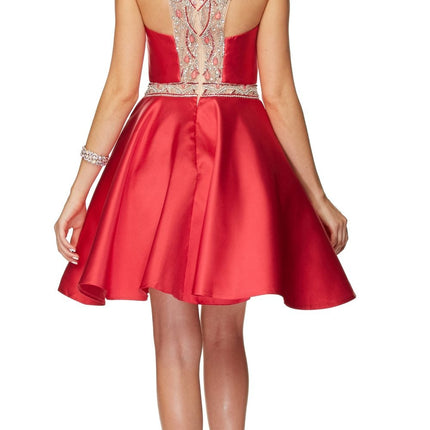 Juliet 770 High Beaded Neckline Sleeveless Short A-Line Satin Dress