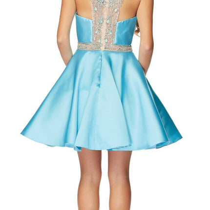 Juliet 770 High Beaded Neckline Sleeveless Short A-Line Satin Dress