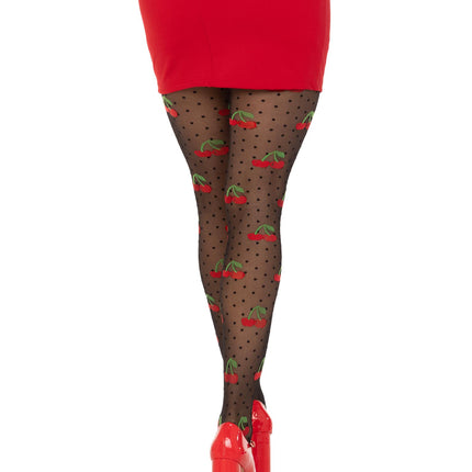 Spandex Sheer Polka Dot Cherry Tights - Black - O/S