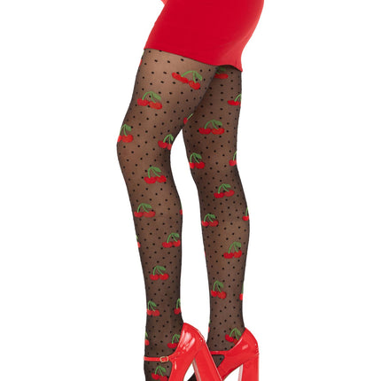 Spandex Sheer Polka Dot Cherry Tights - Black - O/S
