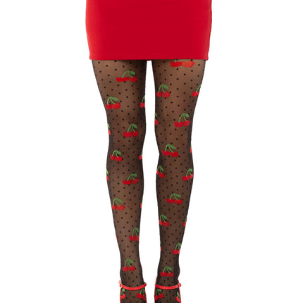 Spandex Sheer Polka Dot Cherry Tights - Black - O/S