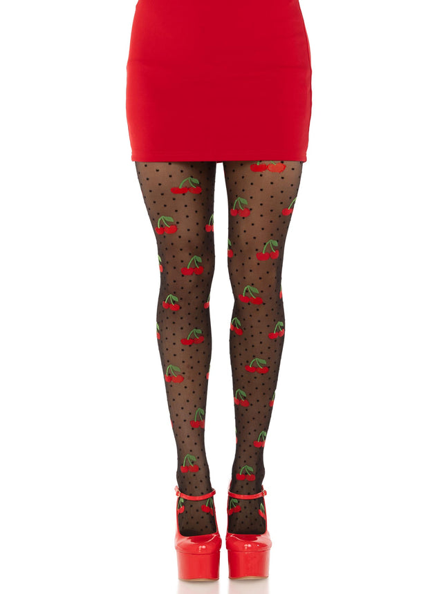 Spandex Sheer Polka Dot Cherry Tights - Black - O/S