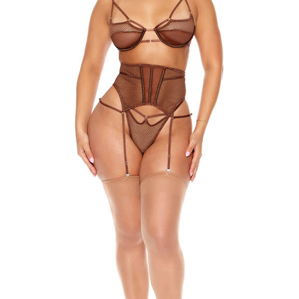 Caught Up O-Net Bra and Waist Cincher Lingerie Set - Brown