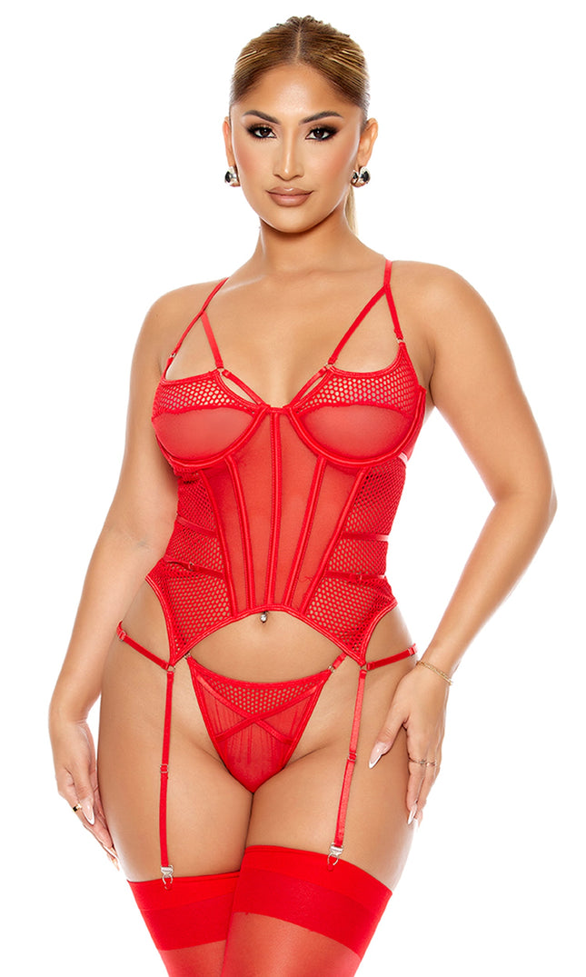 Caught Up O-Net Bustier Lingerie Set - Red