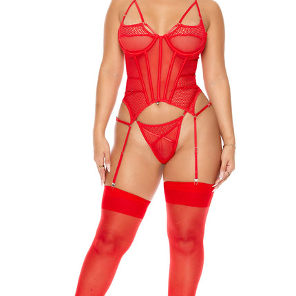 Caught Up O-Net Bustier Lingerie Set - Red