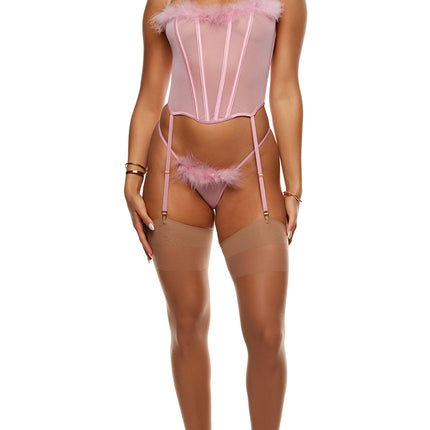 Bare It All Mesh Marabou Bustier Lingerie Set - Mauve
