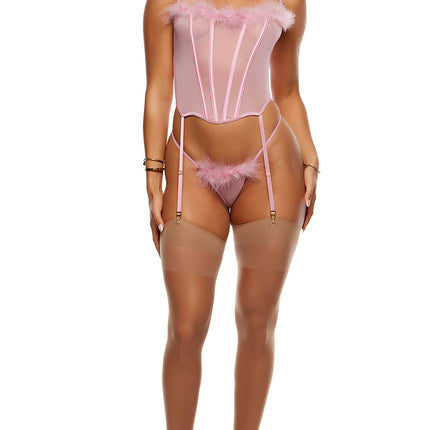 Bare It All Mesh Marabou Bustier Lingerie Set - Mauve