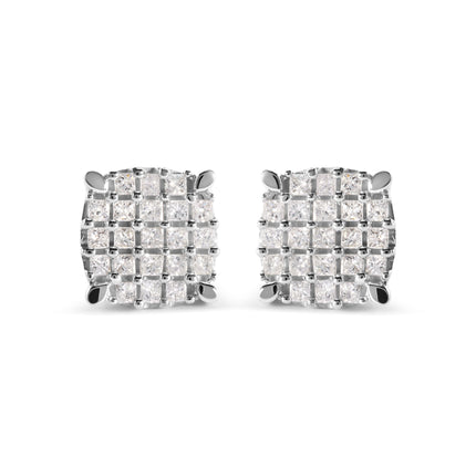 10K White Gold 3/4 Cttw Princess Diamond Composite Cushion Shape Stud Earrings (I-J Color, I1-I2 Clarity)