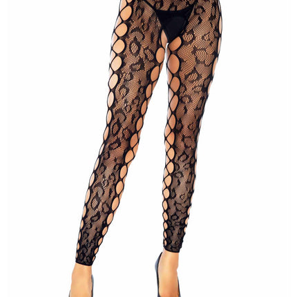 Leopard Lace Footless Crotchless Tights with Net Side Panel - Black - O/S