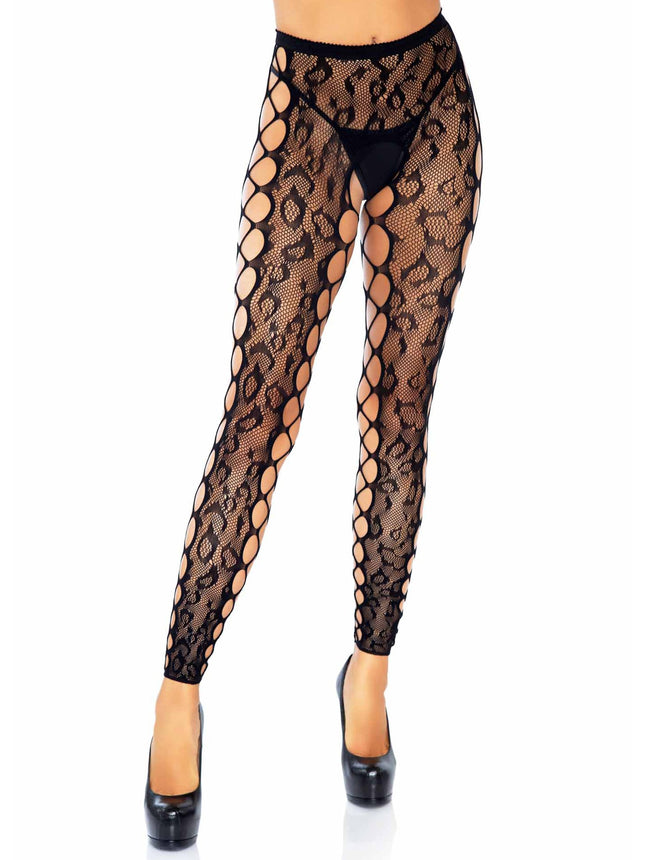 Leopard Lace Footless Crotchless Tights with Net Side Panel - Black - O/S
