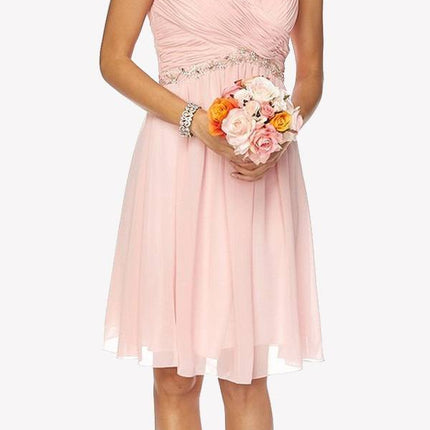 Juliet 786 Ruched V-Neck Cocktail Dress Embellished Waist
