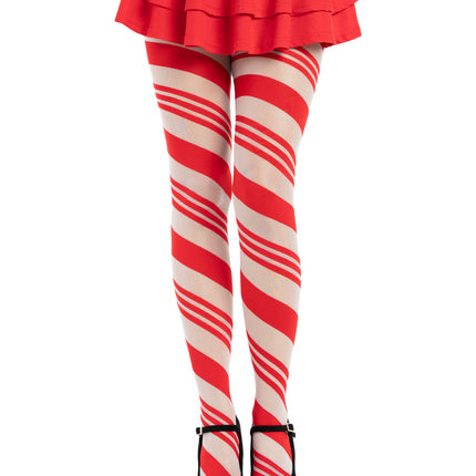 Spandex Sheer Candy Striped Tights - Red/White - O/S